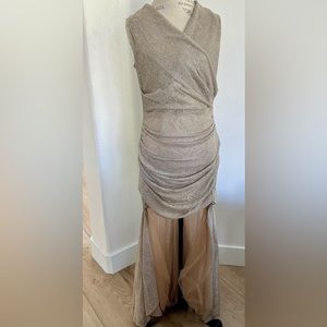 Talbot Runhof Draped Gown Gold Cap Sleeve Maxi Dress Sz.12